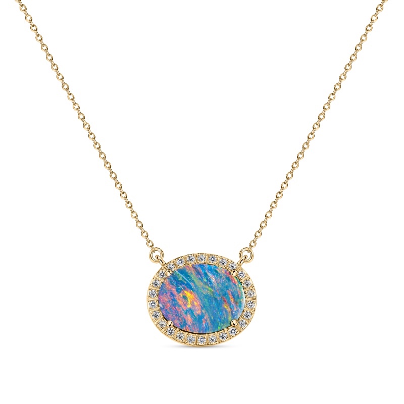 Yellow Gold Opal Doublet and Diamond Necklace